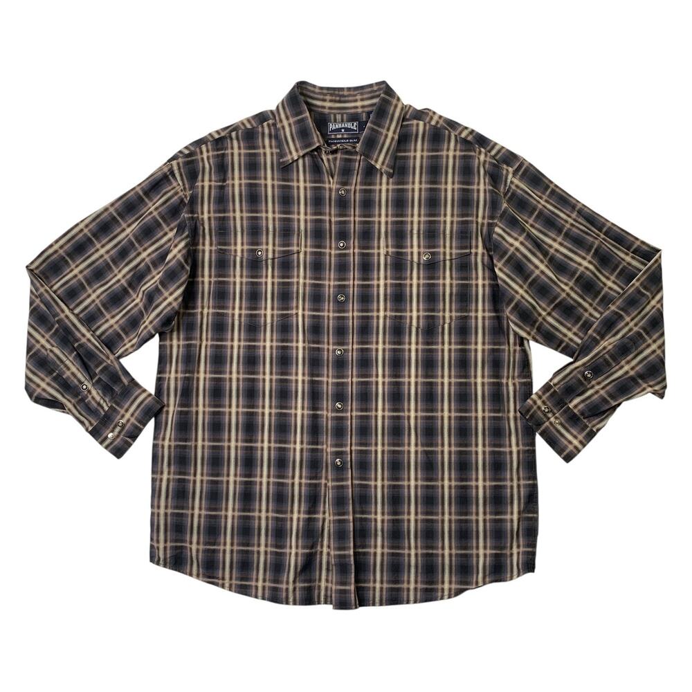 Panhandle Shirt Mens L Large Pearl Snap Buttons Plaid Long Sleeve Pocket Western